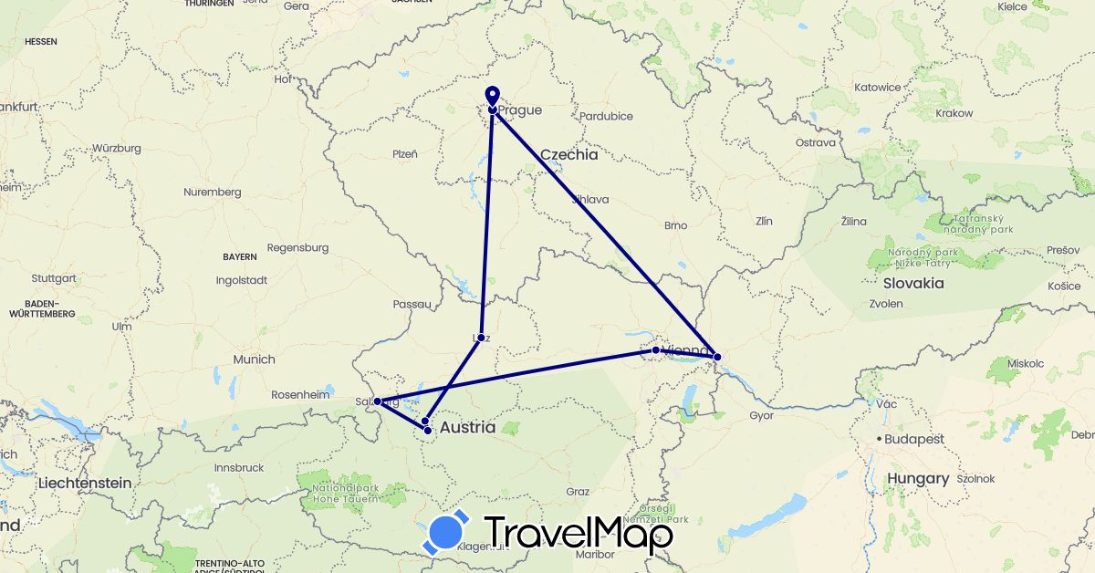 TravelMap itinerary: driving in Austria, Czech Republic, Slovakia (Europe)
