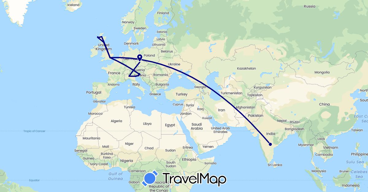 TravelMap itinerary: driving in Czech Republic, United Kingdom, India, Italy, Slovenia (Asia, Europe)
