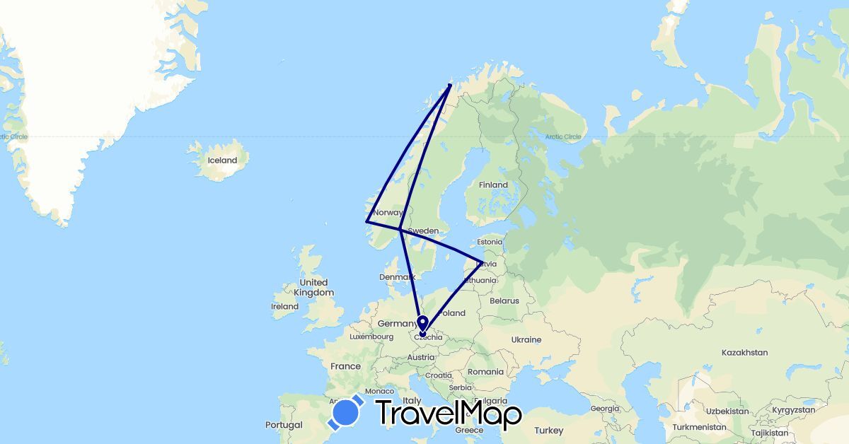 TravelMap itinerary: driving in Czech Republic, Latvia, Norway (Europe)