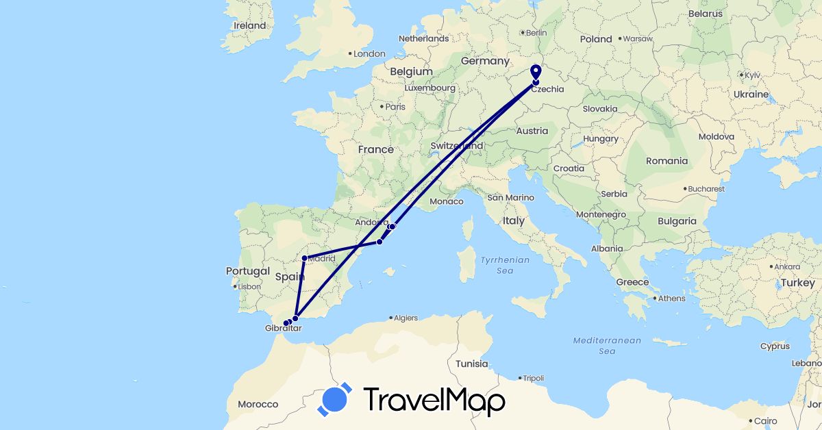 TravelMap itinerary: driving in Czech Republic, Spain (Europe)